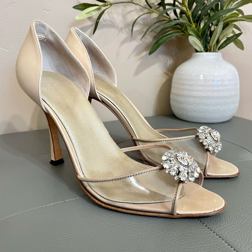 RARE Vintage Brian Atwood Nude Clear Crystal Rhinestone D’Orsay Heels Bridal 7.5